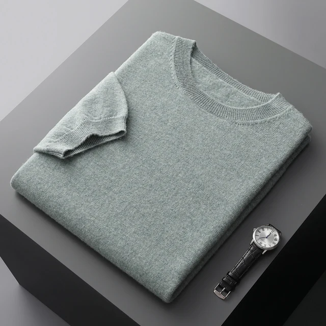 Spring/Summer New Men's Short Sleeved 100% Pure Wool T-Shirt Sweater O-neck Solid Color Loose Knit Pullover Business Casual Top 1