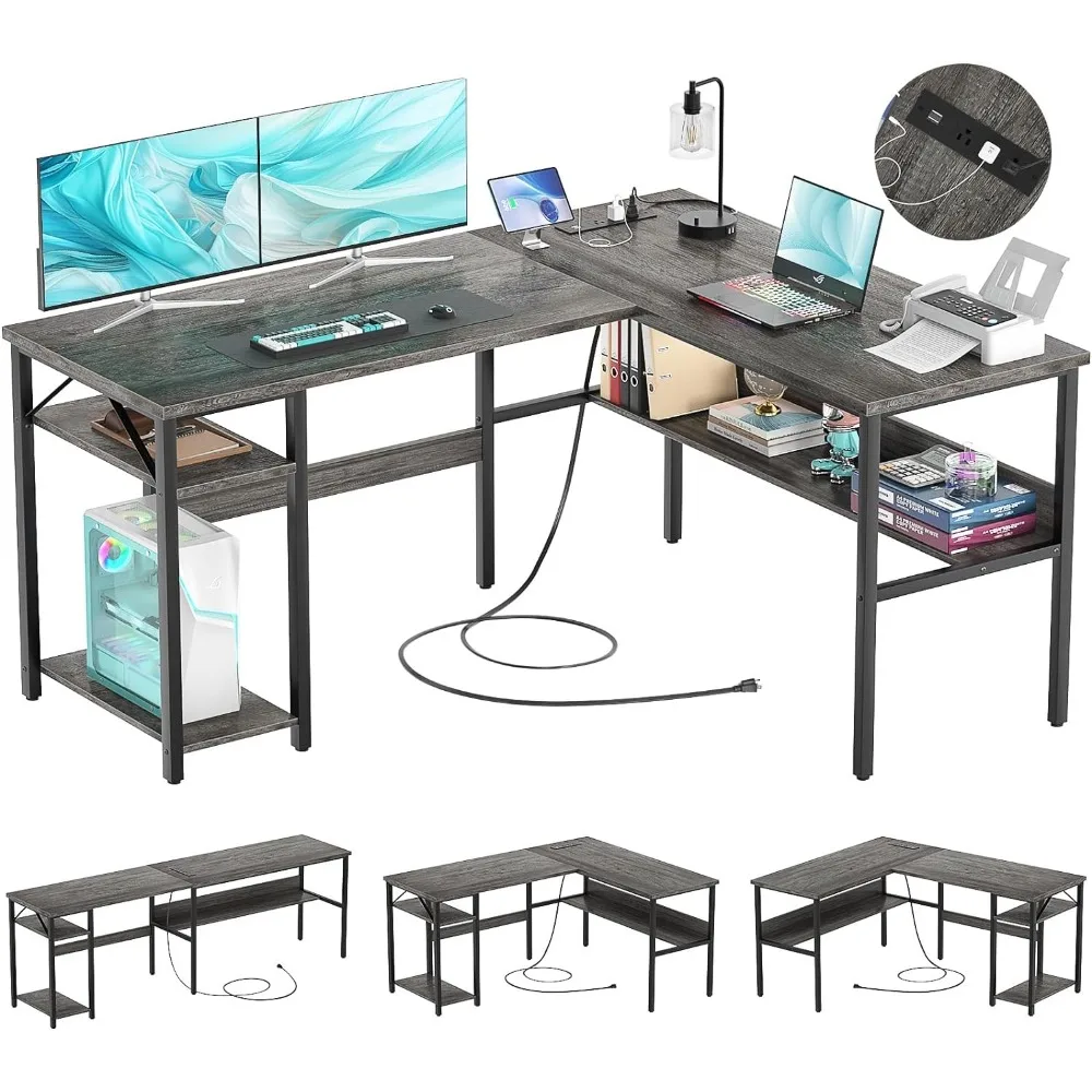 Double-sided L-shaped Gaming Desk With Power Outlet and USB Charging Port Modern Corner Desk Home Desk for Easy Assembly Reading oem charging port flex cable for europe samsung galaxy s5 sm g900f