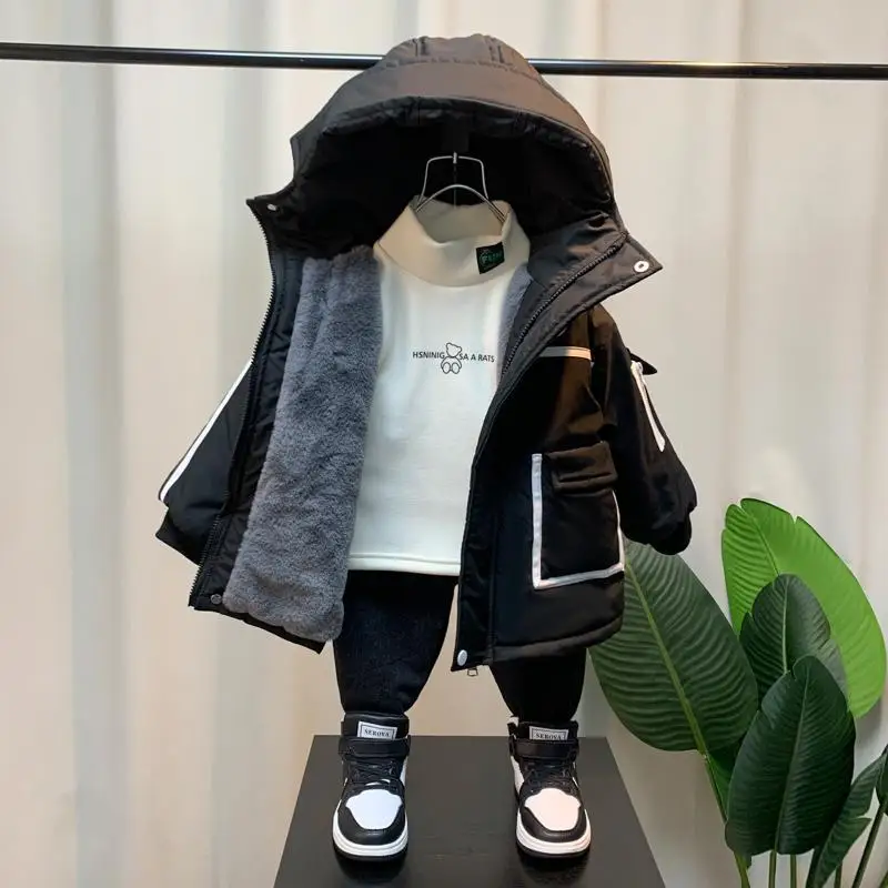 

Boys' Cotton Jacket Winter Coat Korean Streetwear Handsome Plush Thick Warm Hooded Cargo Outwear 2023 New Loose Casual Parka