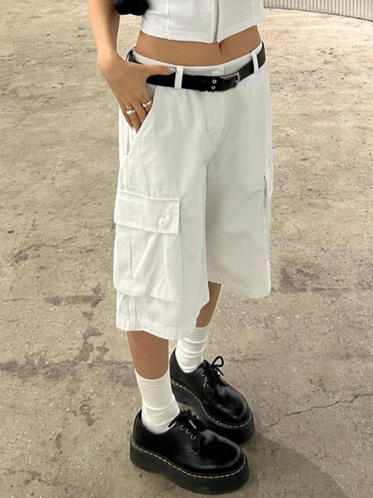 

WeiYao Casual Baggy Cargo Shorts Streetwear Low Rise Pockets Patchwork Loose Straight Short White Pants Women Fashion Summer y2k