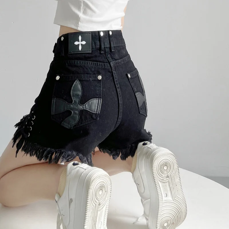 

Summer Bandage Tassel Trend Jeans Shorts Female Black Personality Fringe Denim Shorts Dark Gothic Hip Hop Streetwear y2k