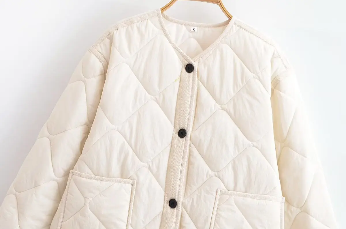 Woman Loose Quilted Jacket Coat O-Neck Single Breasted Pocket Solid Color Cropped Jacket Simple Autumn Winter New Chic Outwear