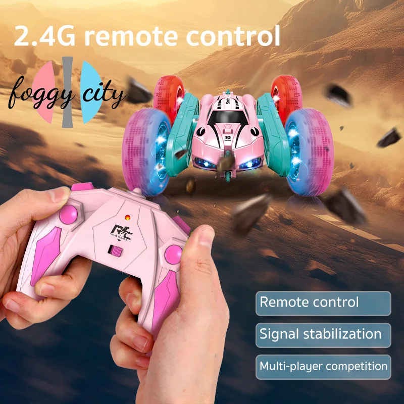 

New Four-wheel Drive Double-sided Stunt Car With Lighting Tire Swing Arm Rolling Car Boys And Girls Toy Pink Remote Control Car