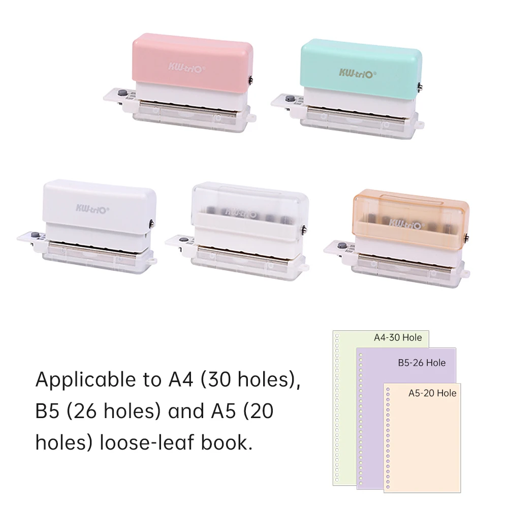 KW-triO 6-Hole Paper Punch Handheld Mini Puncher Support 20/26/30 Hole Punching 5.5mm Aperture For A4 A5 B5 Notebook