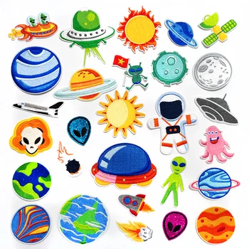 외계인 UFO 로켓 DIY 패치 자수 티셔츠 아이언 아플리케 의류 청바지 스티커 배지 Parche 우주선, 스타 썬