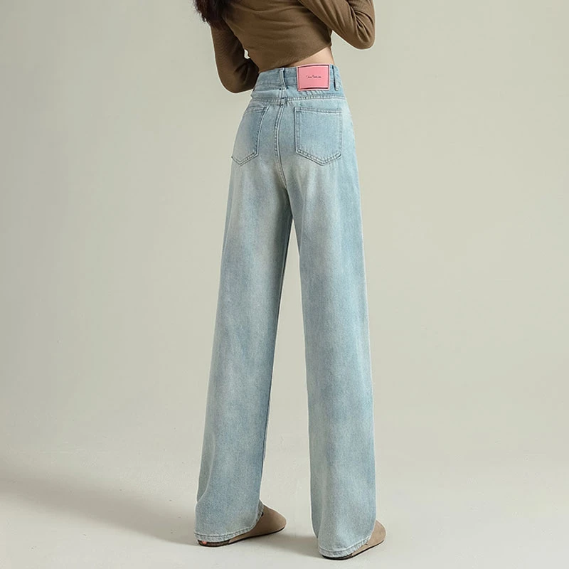 Pink label design cover meat wide-leg jeans female small pear-shaped figure light blue high-waisted loose drag straight pants