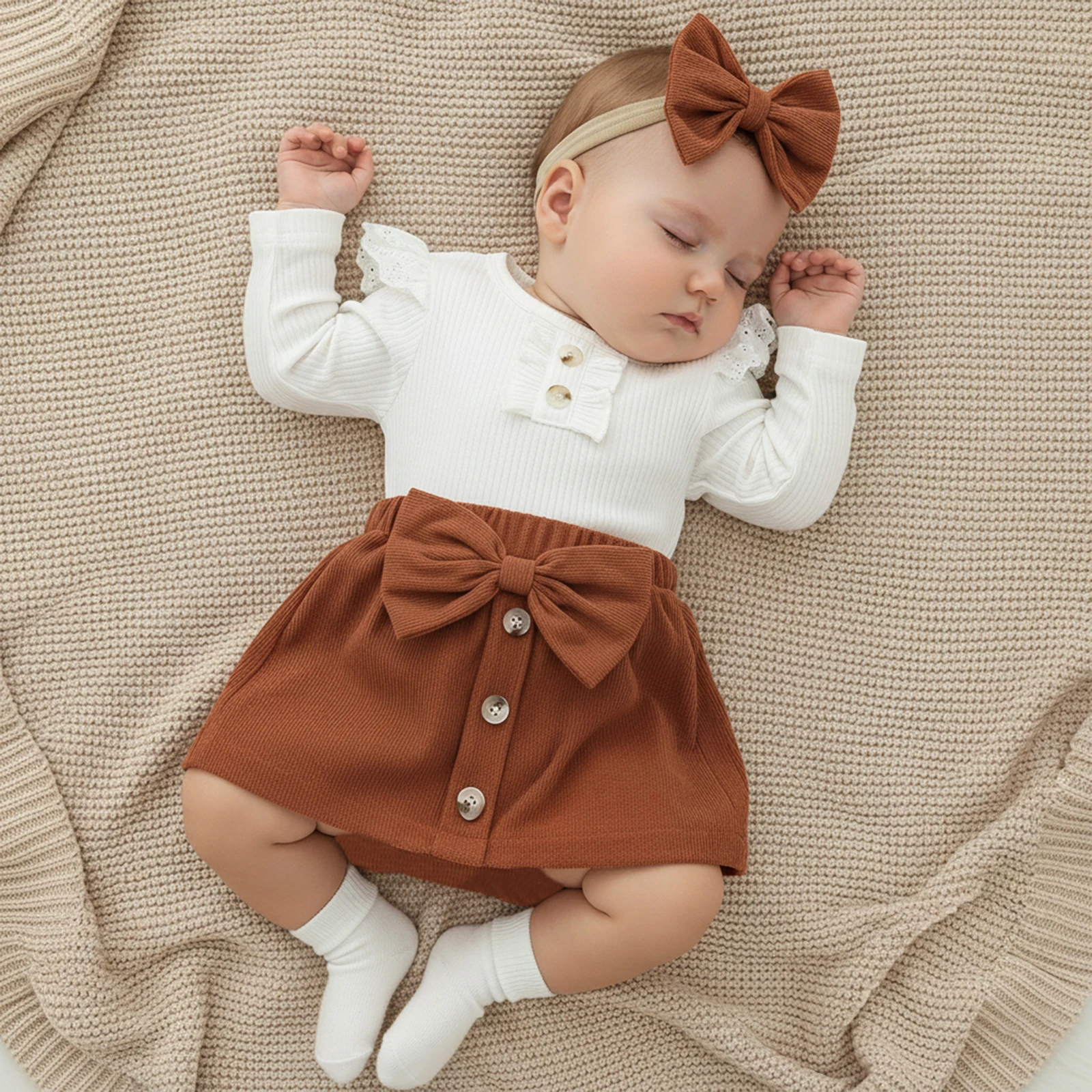 Baby Girls 3-piece Outfit, Long Sleeve Romper with Mini Skirt Bowknot Headband Fall Outfit 5