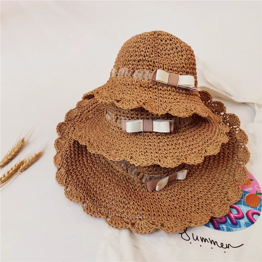 Korean Version One Bow Children Straw Hat Summer Travel Holiday Girl Baby Parent-child Sunscreen Hat big brim baby straw hat kids summer sun hat korea style child panama cap sunshade cap baby boy girl kids hat