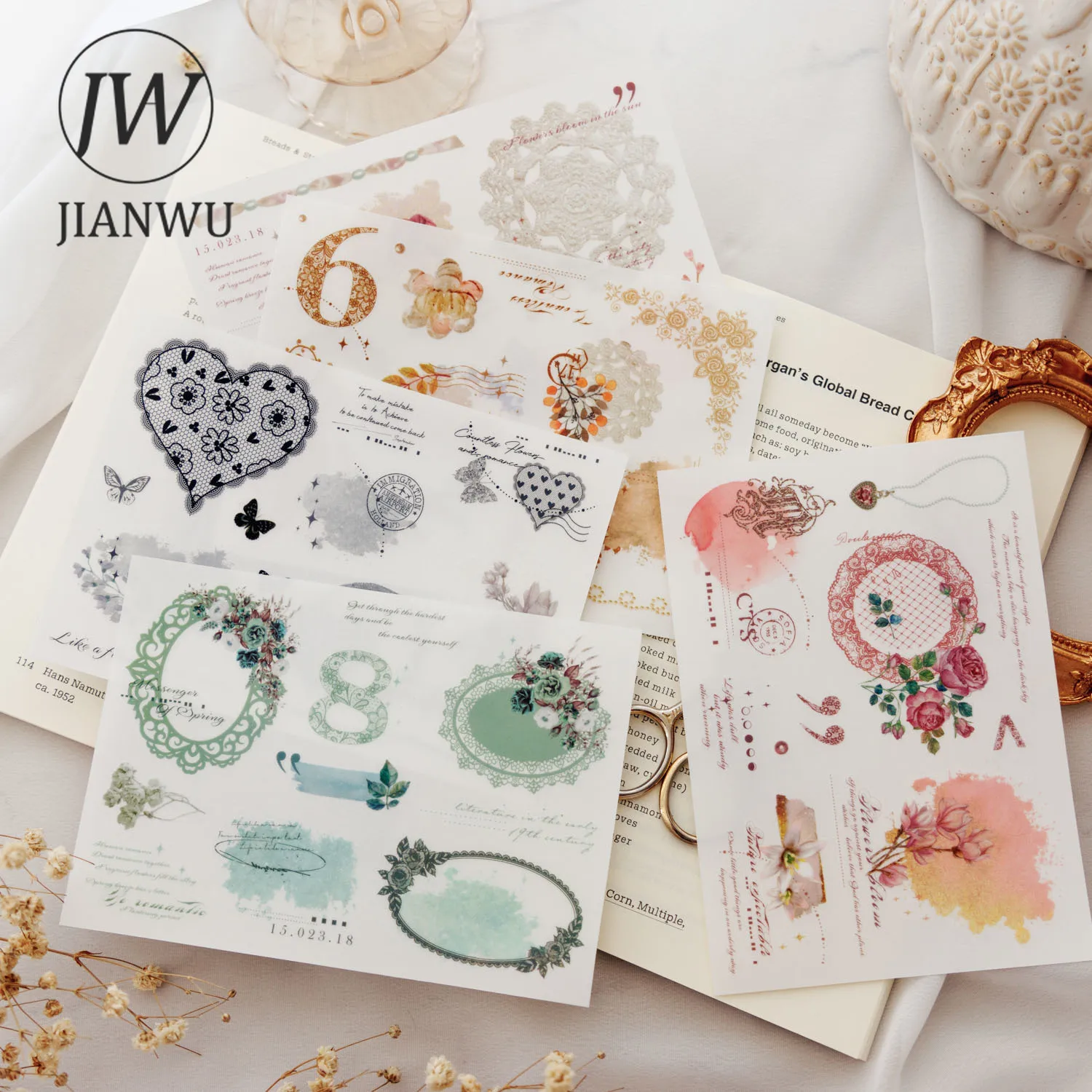 

JIANWU 3 Sheets Rococo's Dream Series Lace Flower Decor Watercolor PVC Transfer Sticker Creative DIY Journal Collage Stationery