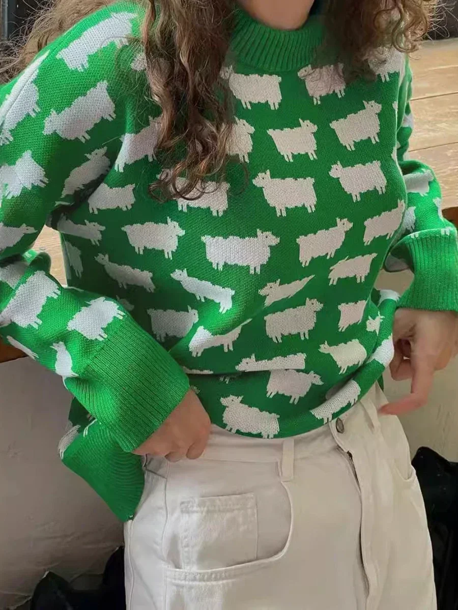 Bornladies O-neck Alpaca Printed Sweater Women's Loose Casual Mid Length  Retro Sweater Autumn Winter New Warm Pullover Top