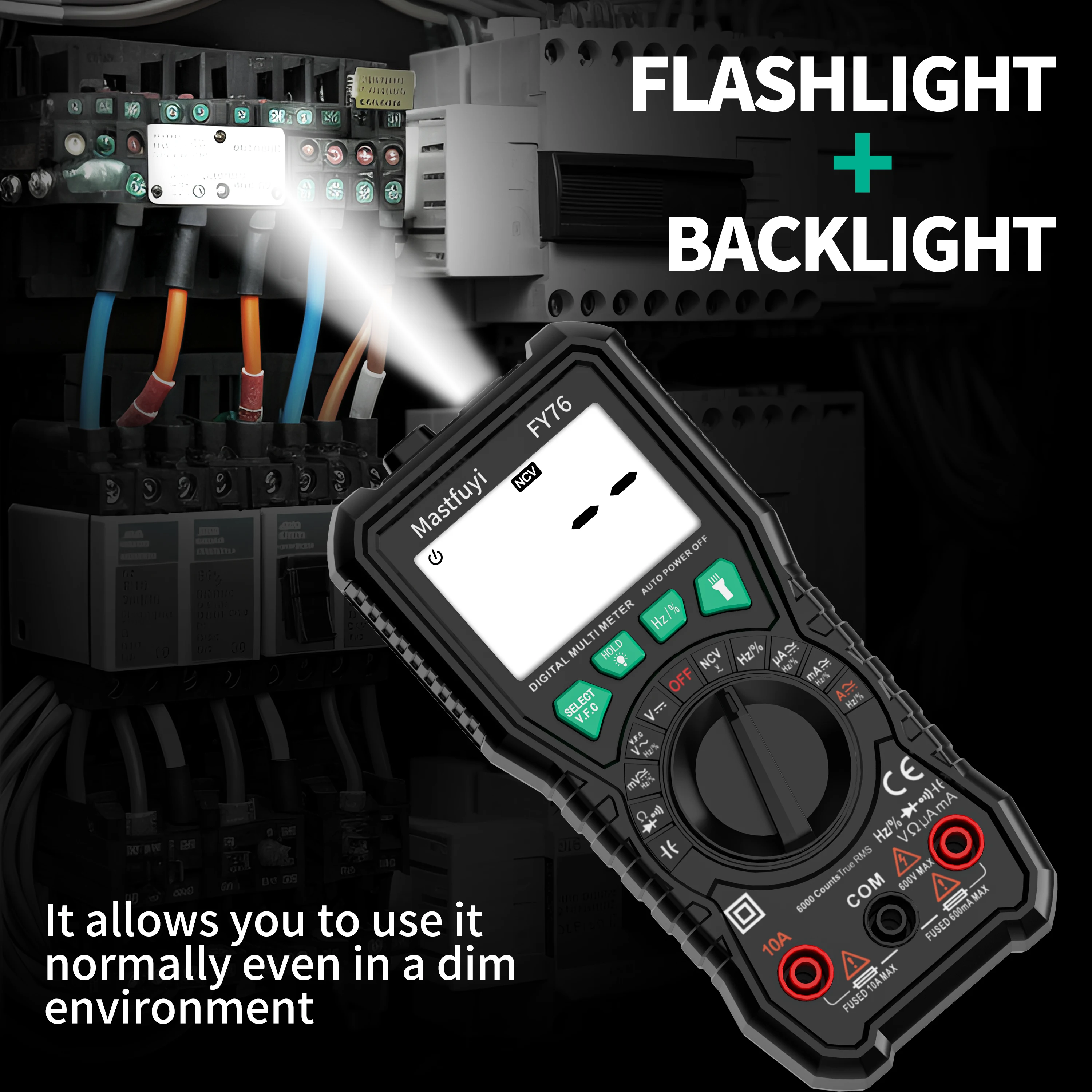 MASTFUYI FY76 Digital Multimeter 6000 Counts AC/DC Voltage Current Meter Resistance Ohm LCD Backlight Electrician Detector