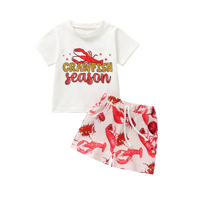 

Kids Girls Boys Summer Clothes Outfits Letter Print Crew Neck Short Sleeve T-Shirts and Crawfish Print Shorts 2Pcs Suit