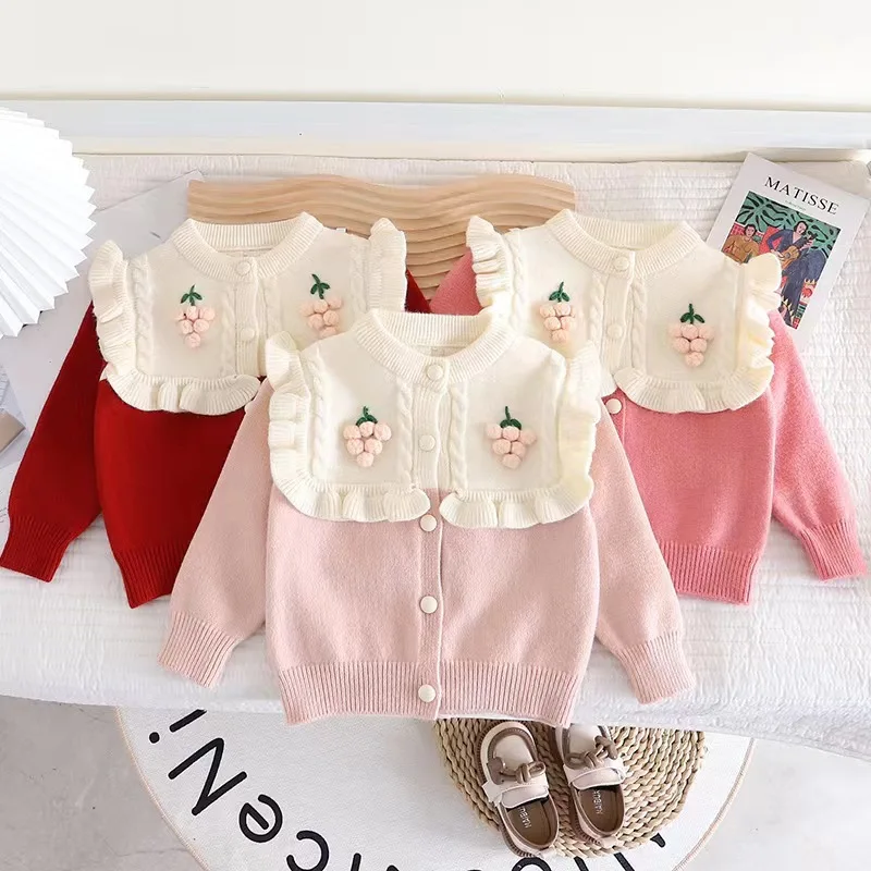

Girls Sweaters 2023 Spring Autumn New Children's Sweater Girls' Grape Decs Tops Candy Color Cute Knitted Jacket Clothing GY09171