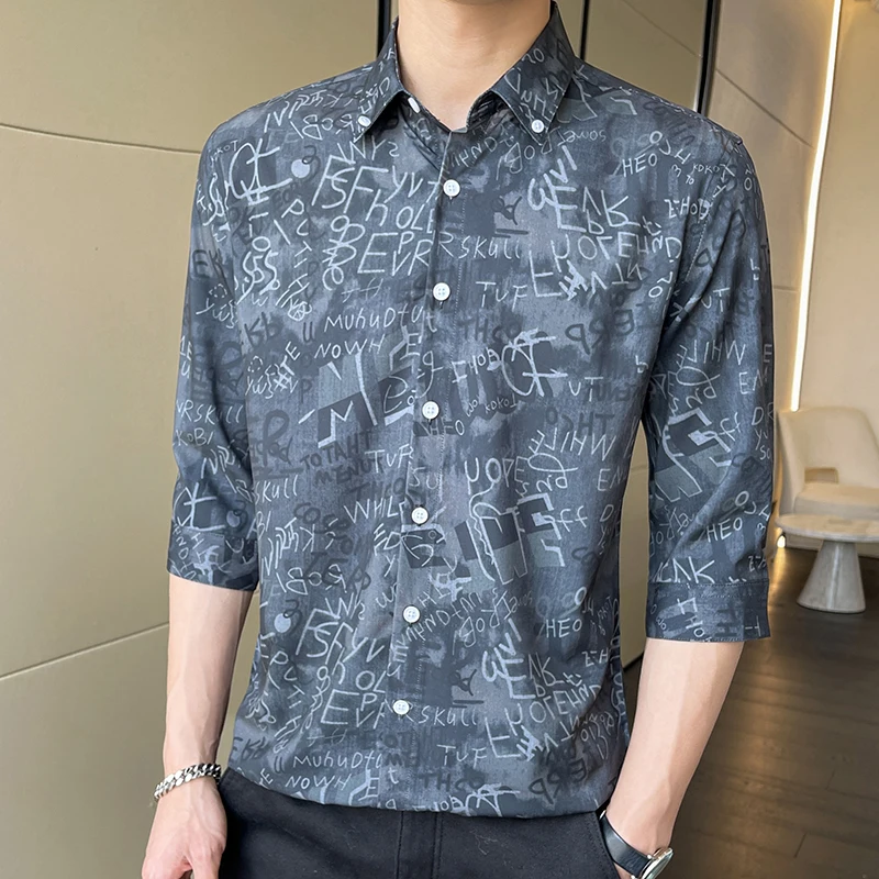 

New Fashion Shirt Men's Trend Slim Three-quarter Sleeved Shirt Casual Business Comfortable Dress Party Print Shirt Tops