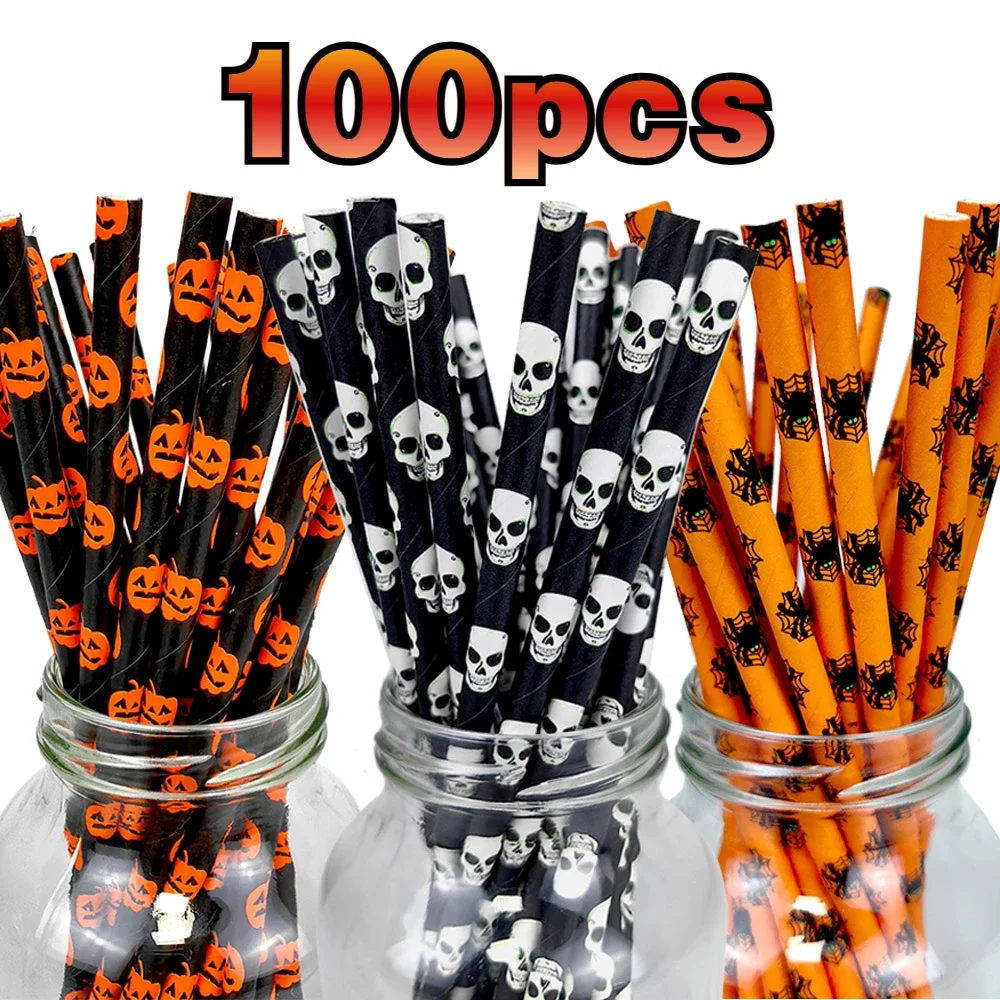 25/100 Stück Papierstrohhalme für Halloween-Partys, biologisch abbaubare Fledermaus-Kürbis-Spinnenstrohhalme für gruselige Halloween-Party-Halloween-Dekoration