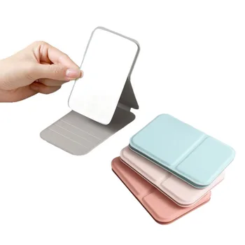 Specchio per il trucco da tavolo Specchio per il trucco portatile semplice in pelle PU tinta unita Specchio tascabile carino compatto per studenti pieghevole 1