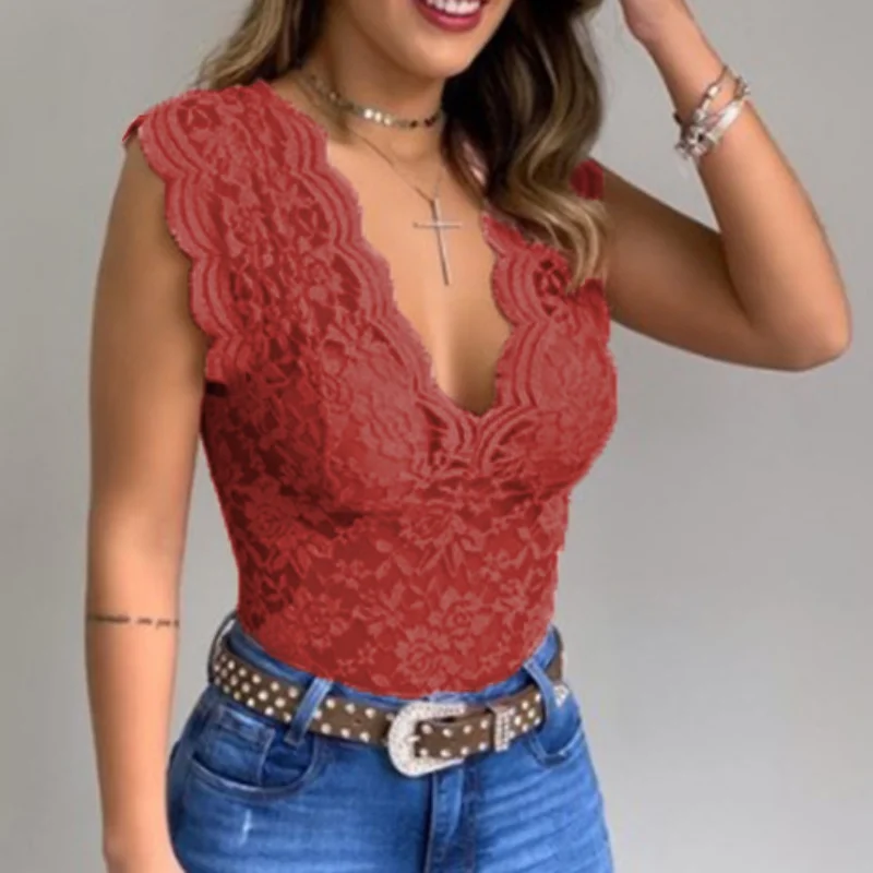 Fashion Sexy V-neck Blouses Woman 2024 Summer Slim Lace Shirt Top for Girl  Solid Bottom Tops Clothes Blusas Elegant New 25950