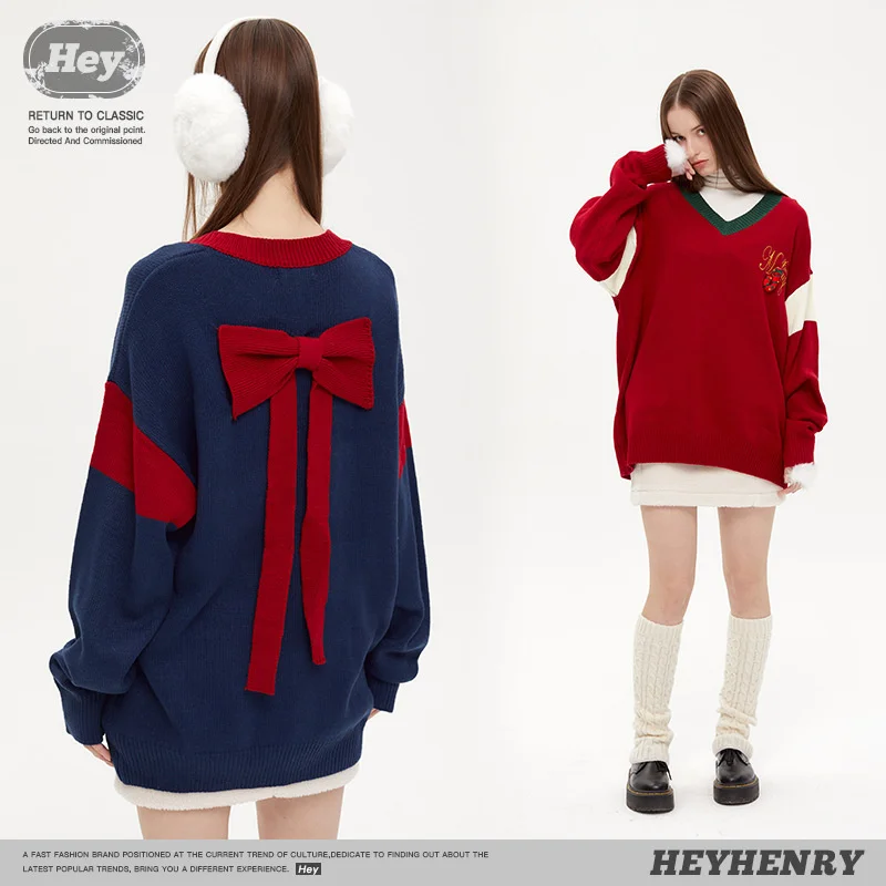 

2023 Christmas Bow V-neck Sweater Cute Tops For Women Autumn/Winter New Contrast Bow Sweater Women's Day Red Lazy Versatile
