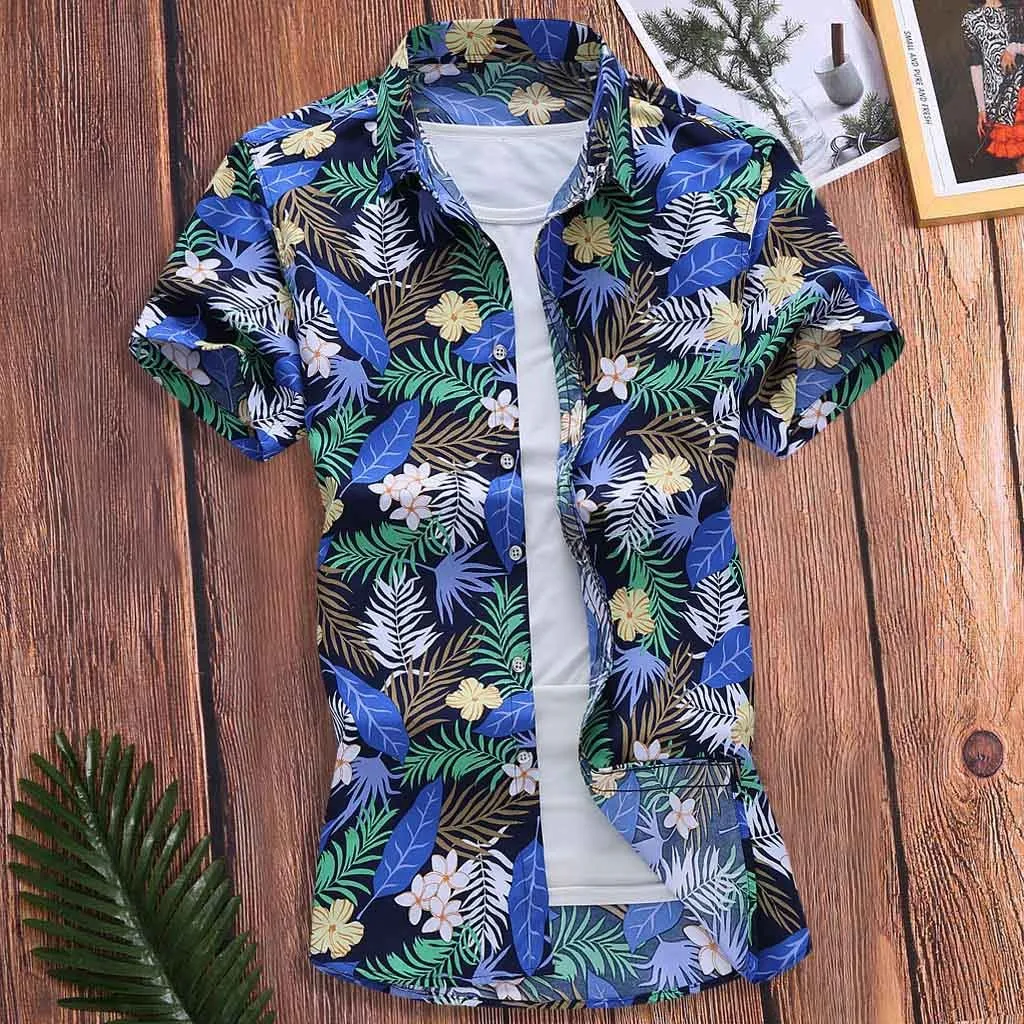 

T-shirt Short Hawaii Tops Men Loose Slim Sleeve Turn-down Fashion Printed Men Shirts Ethnic Streetwear Loose Flower