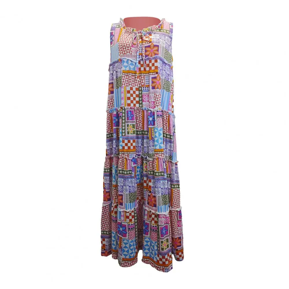 

Printed Long Dress Bohemian Maxi Dress with Flower Print A-line Shirring for Women Summer Soft Round Neck Patchwork Spring Round