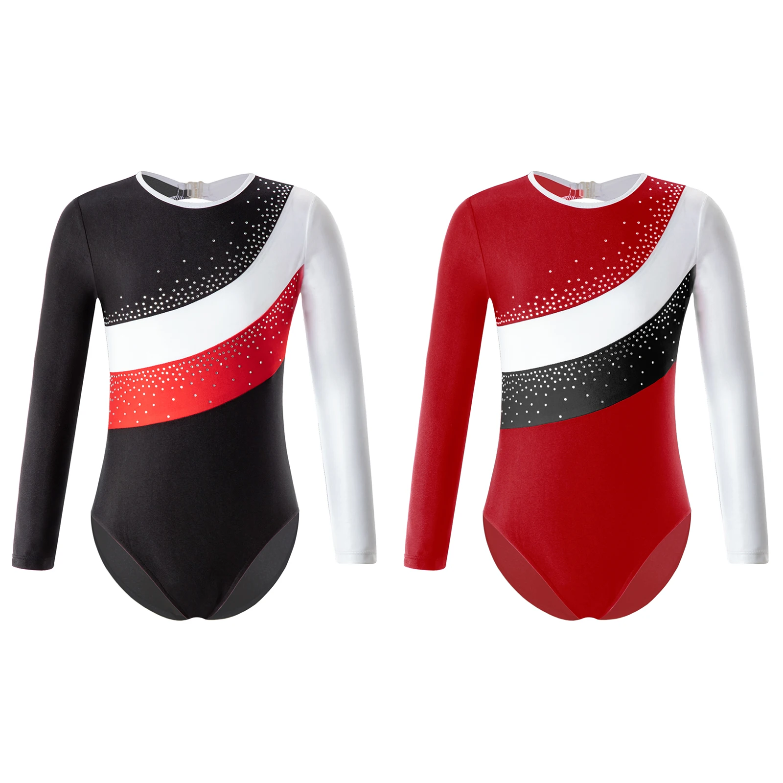 

Kids Girls Stylish Clothing Long Sleeve Round Neckline Hollow Back Shiny Rhinestone Decorated Contrast Color Dance Leotards