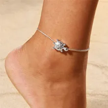 TOBILO Summer Beach Silver Color Turtle Shaped Anklets For Women Hollow Animal Beaded Anklet Bracelet On the Leg Foot Jewelry