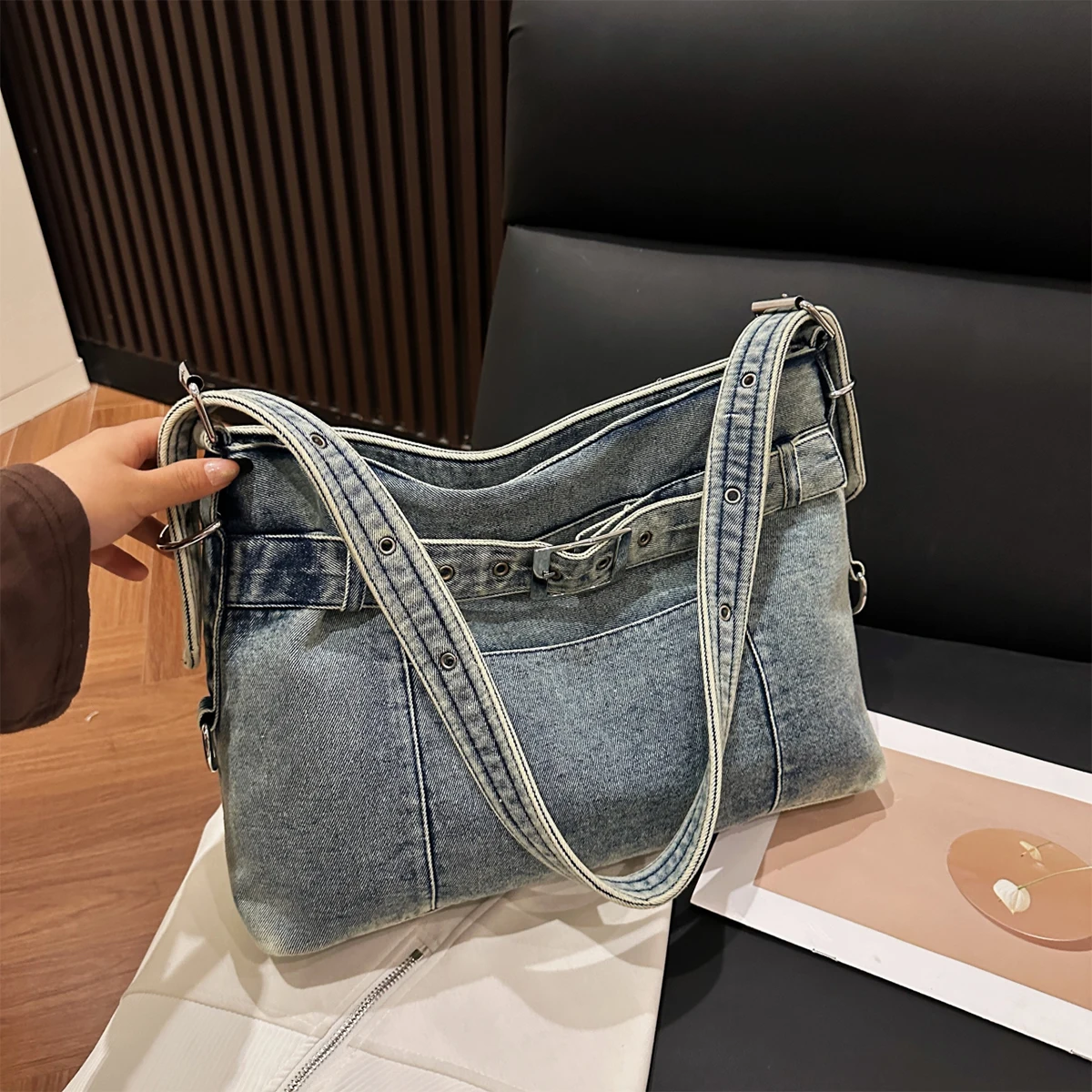 Denim Handmade Bag Women's 2025 New Retro Tote Bag Handbag Crossbody Bag Washed Literary Shoulder Bag Work Shopping Daily Travel
