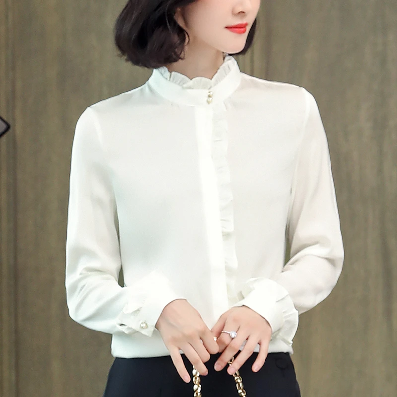 Camisas Vintage para mujer, blusas blancas elegantes manga larga para mujer, Camisa lisa de seda Real para oficina, blusa de satén para mujer| | - AliExpress