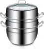 Steel Steamer Pot 2 Tier Food Steamer for Cooking Multipurpose Cookware with Tempered Glass Lid for Veg 1
