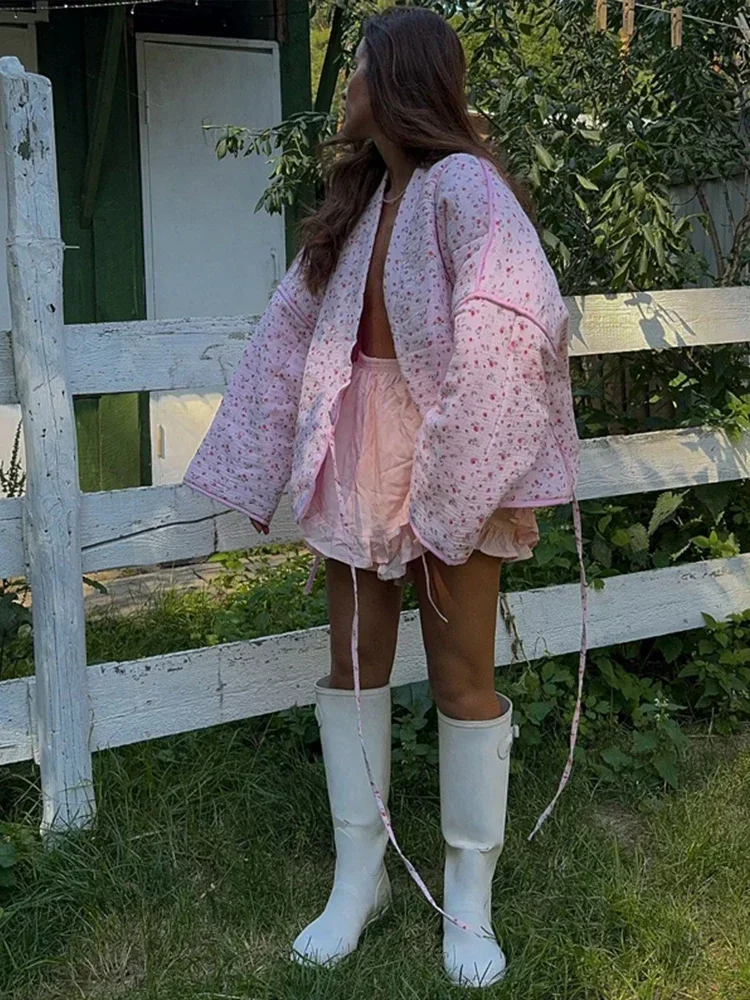 Y-Neck Floral Print Cotton Jacket Padded Coat Pink Lace Up Loose Casual Japanese Cardigan Cotton-Padded Coats Women Warm Outwear