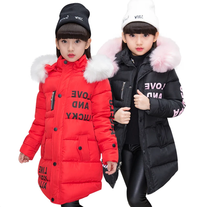

2023 Girls Down Jacket Parkas Kids Clothes Children Long Printed Winter Clothes for Girls Wool Collar Hooded Cotton Coat Outwear