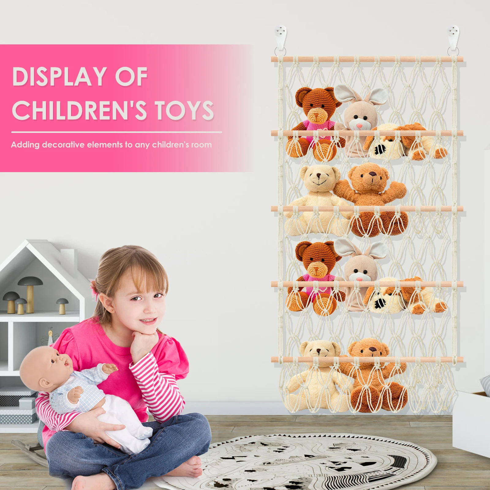 Storage Net Stuffed Toy Storage Hammock 4-Layer Large Capacity Hand-Woven Cotton Rope Hanging