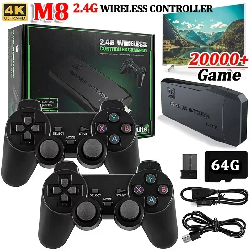 Video Game Stick M8 Console 2.4G Dual Wireless Controller 4K 10000 games 64GB Retro game For Dropshiopping Xmas Gift