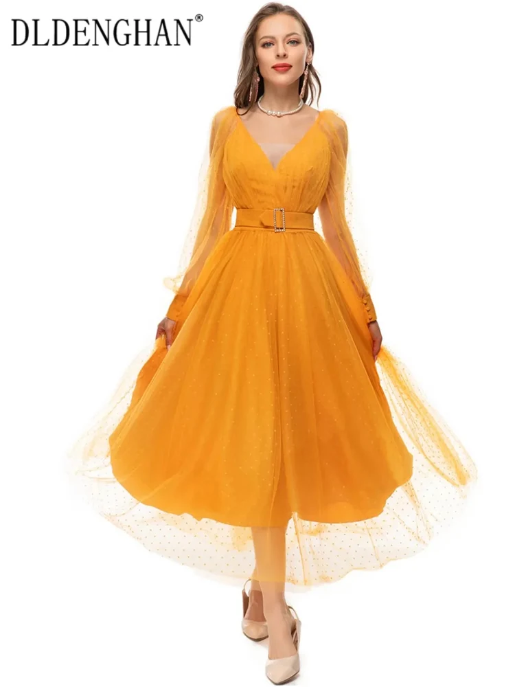 

DLDENGHAN Spring Summer Women Dot Mesh Dress V-Neck Lantern Sleeve Crystal Belt Backless Vintage Party Dress Fashion Runway New