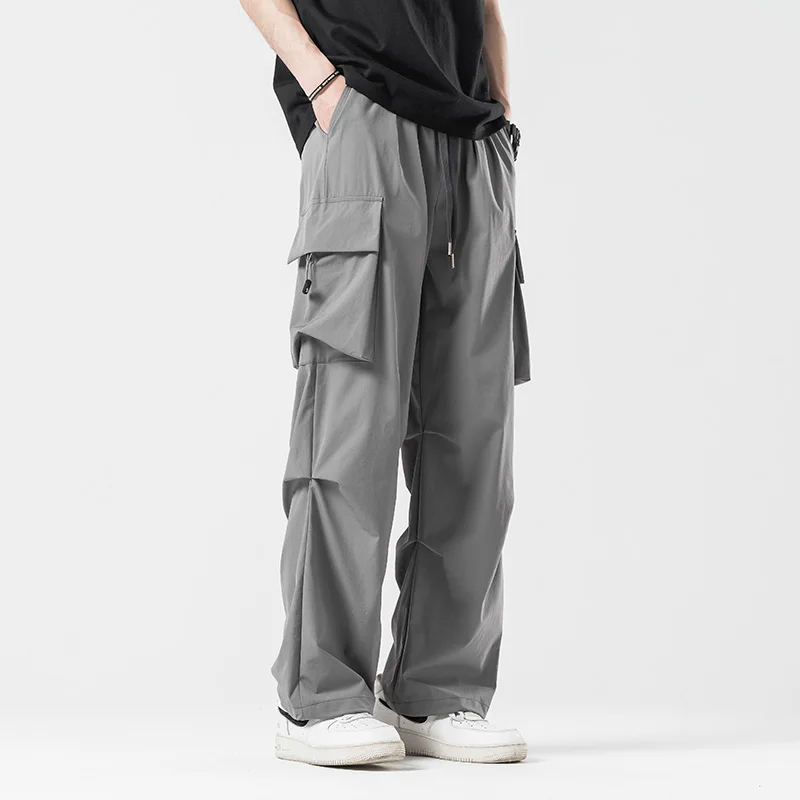 2024 New Spring/Summer Men's Solid Color Drawstring Pocket Elastic Waist Sports Unisex Outdoor Straight Leg Casual Cargo Pants