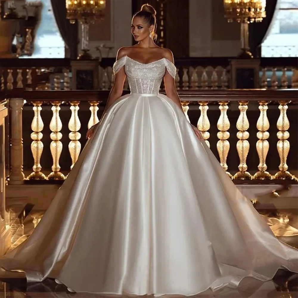 

Flavinke Princess Wedding Dresses Off The Shoulder Sequins Top Bride Dresses Saudi Arabia Boho Vestido De Noiva Ball Gowns