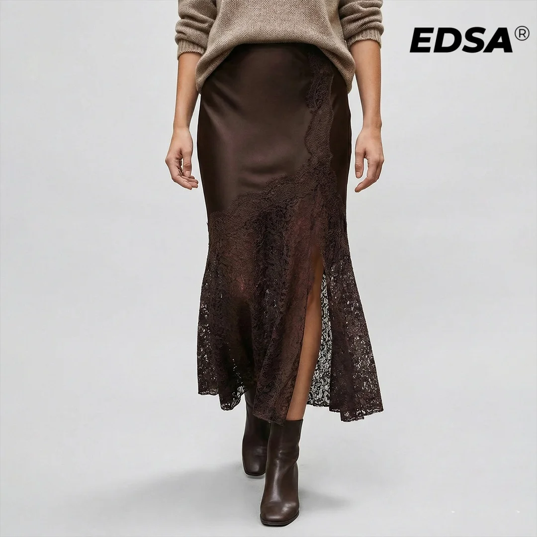 EDSA Women Lace Satin Split Midi Skirt High Waist Summer A-Line Long Skirts for Female Casual Streetwear