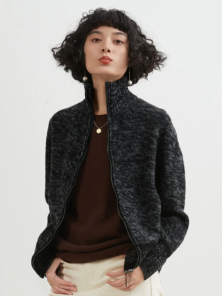 

Fall/winter new 100% pure cashmere cardigan women's high-necked loose zipper sweater fashion Joker knitted wool coat.