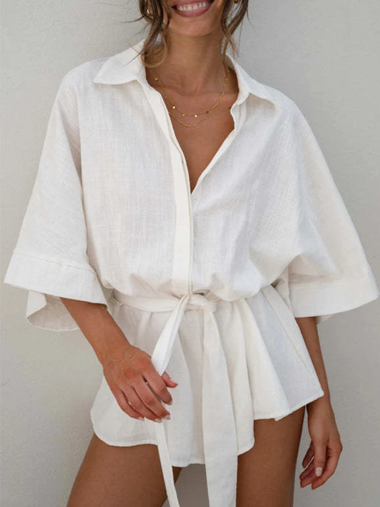 Casual Beach Loose Batwing Sleeve Women Wide Leg Romper Cotton Belt Turn Down Collar Shirt White Playsuit Overall Summer