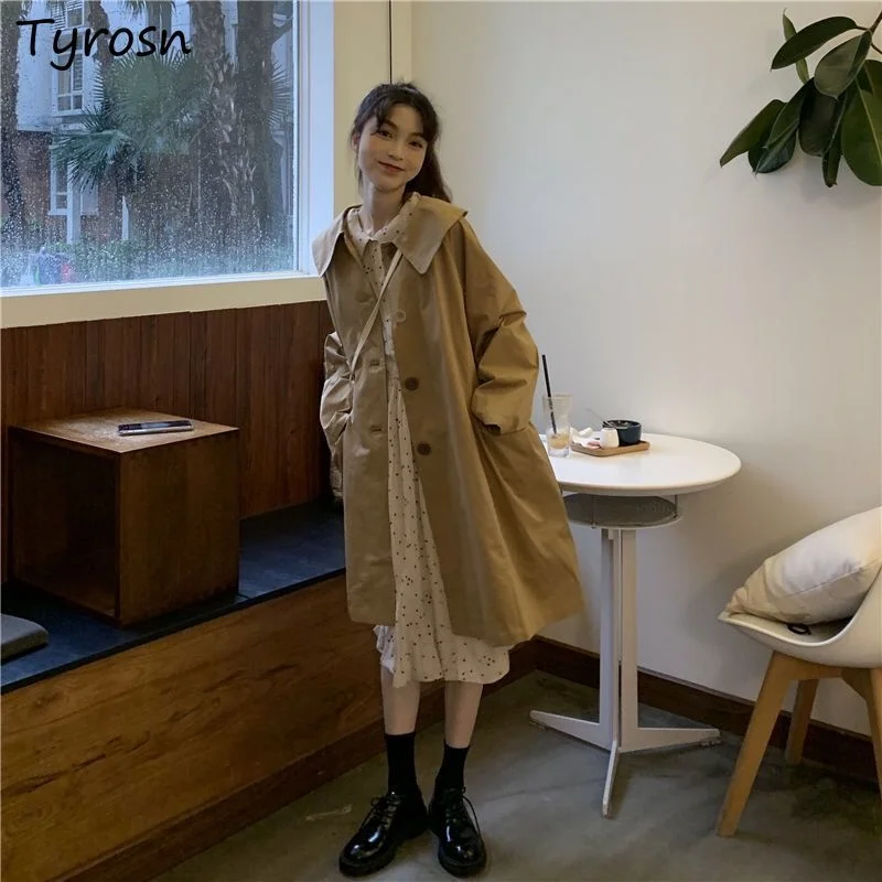 

S-3XL Long Trench Women Turn-down Collar A-line Khaki All-match Kawaii Harajuku Students Spring Outerwear Windbreaker Clothing