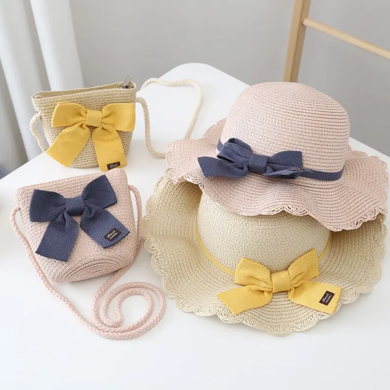 2 Pcs Children Straw Hat and Shoulder Bag Set Girls Summer Outdoor Beach Cap Cute Bow Travel Beach Sun Hat Bag straw hat baby sun hat outdoor sun hat baby hat set