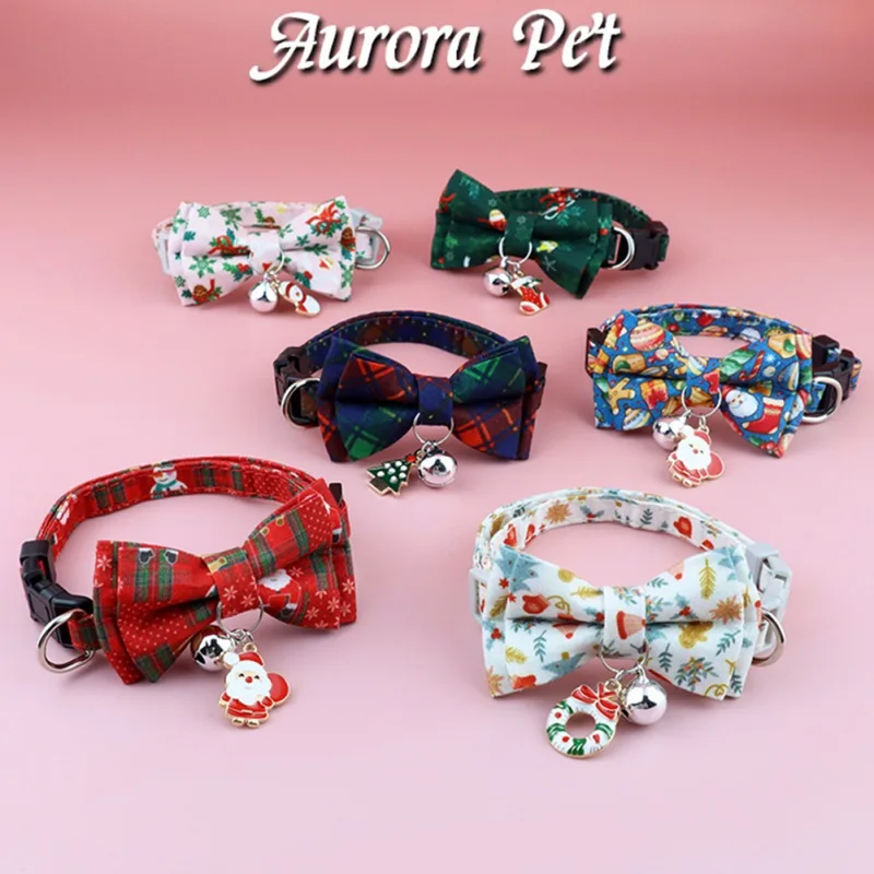 Christmas Bowknot Cat Dog Collar with Bell Adjustable Breakaway Pet Puppy Kitten Safety Buckle Bowtie 2026 New Year Gifts