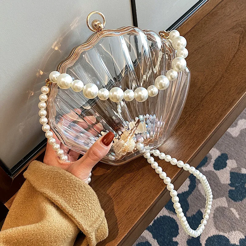 Evening Bags crossbody bag women handbags for Women Transparent Shell Bag Clutch Box Handbags Pearl Chain Crossbody Bag Acrylic Purse Shoulder