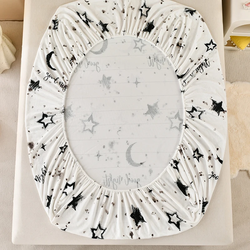 Winter Warm Fitted Sheet Stars Pinted Flannel Fleece Bed Sheet for Double Bed Queen/King Size All-inclusive Mattress Cover180 5