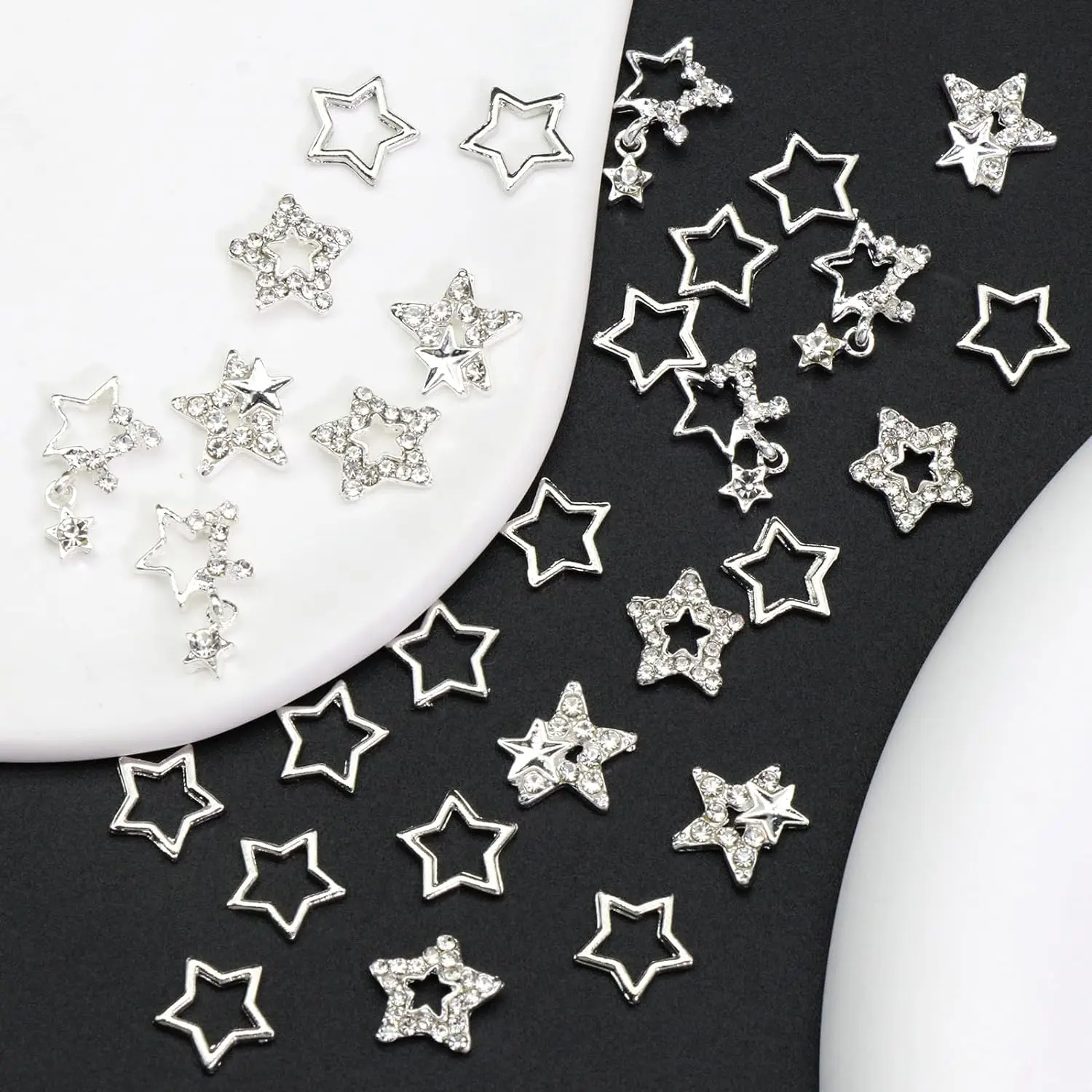 30PCS Star Nail Charms 3D Alloy Nail Art Charms 4 Styles Silver Stars Nail Rhinestones Crystal Pentagram Nail Gems for DIY Craft 5