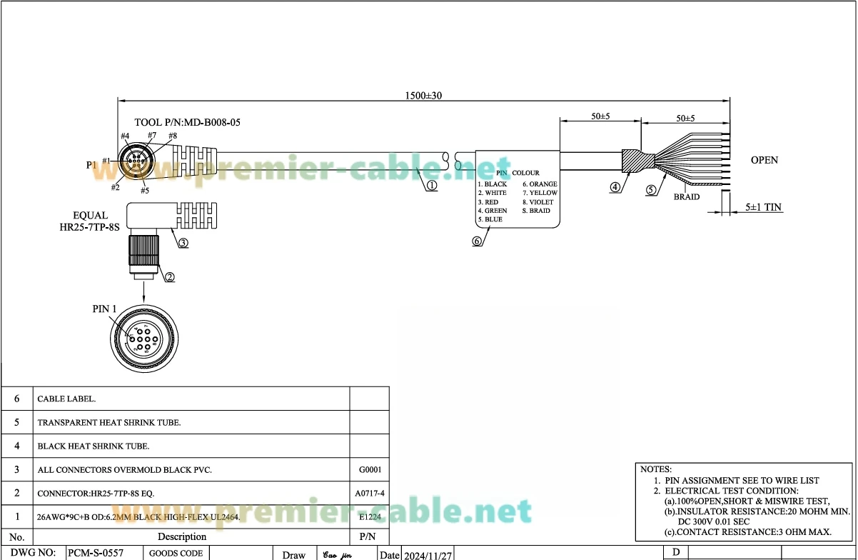 Rechtwinkliges Kompatibles Hirose 8-Pin Buchse HR25-7TP-8S zu Offenes Ende Kabel Hochflexibles GPIO-Stromkabel für IDS FLIR Allied Vision – Detail 2