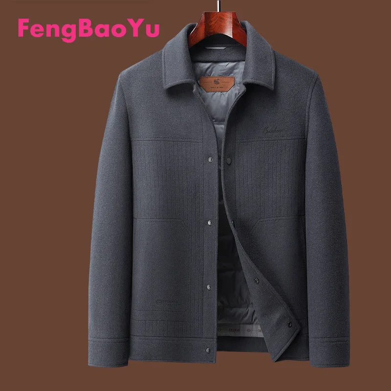 

Fengbaoyu Autumn and Winter Men's Short Double-sided Cashmere Coat 100% Wool Lapel Goose Down Inner Wool Jacket Soft and Warm