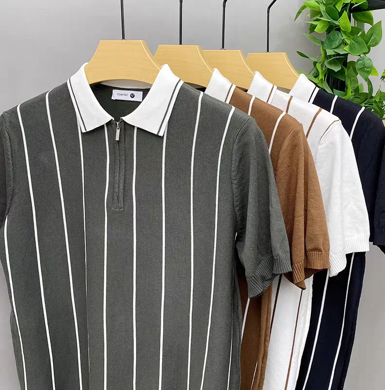 High quality summer knitted short sleeve polo shirt fashion half zipper lapel T-shirt vertical stripes comfort casual men's wear 9 S6d66f22dc4a34e51bc2af5a8c6d2d051C