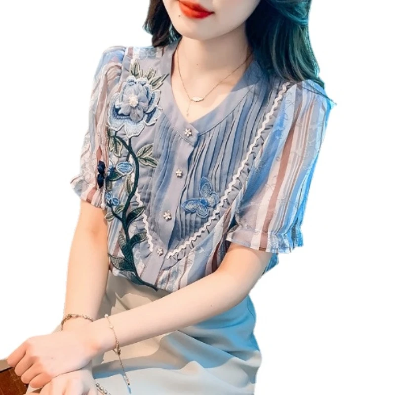 Summer Short-Sleeved Chiffon Shirt Women's Clothing 2024 New Niche Unique Chic Design Fold Striped Blouse Flower Embroidery Top