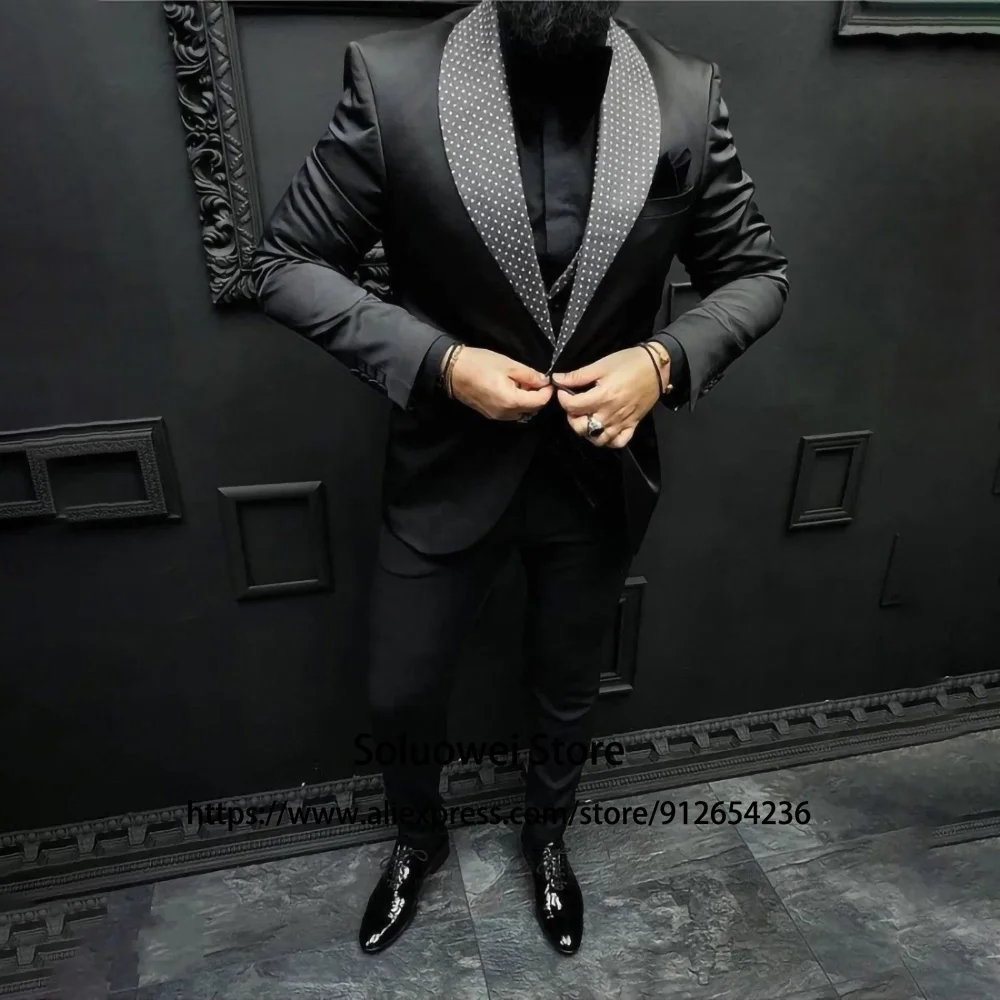 Fashion Black Slim Fit Suits For Mens 3 Piece Jacket Vest Pants Set Groom Wedding Shawl Lapel Tuxedo Formal Office Costume Homme